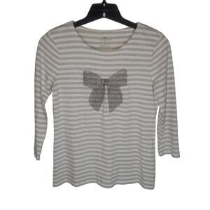Talbots Petites Top PS Petite S Gray White Striped Beaded Bow Cotton Knit